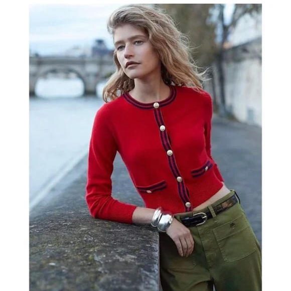 J. Crew Sweaters - J.Crew Cashmere Lady Sweater Size Med NWOT Red Blue Piping